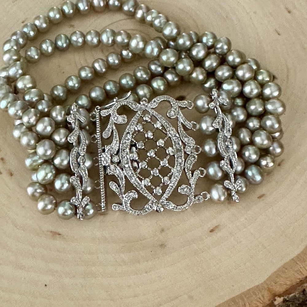 Spectacular Wide 5 Strand Genuine Pearl Bracelet with Gorgeous Sterling Silver